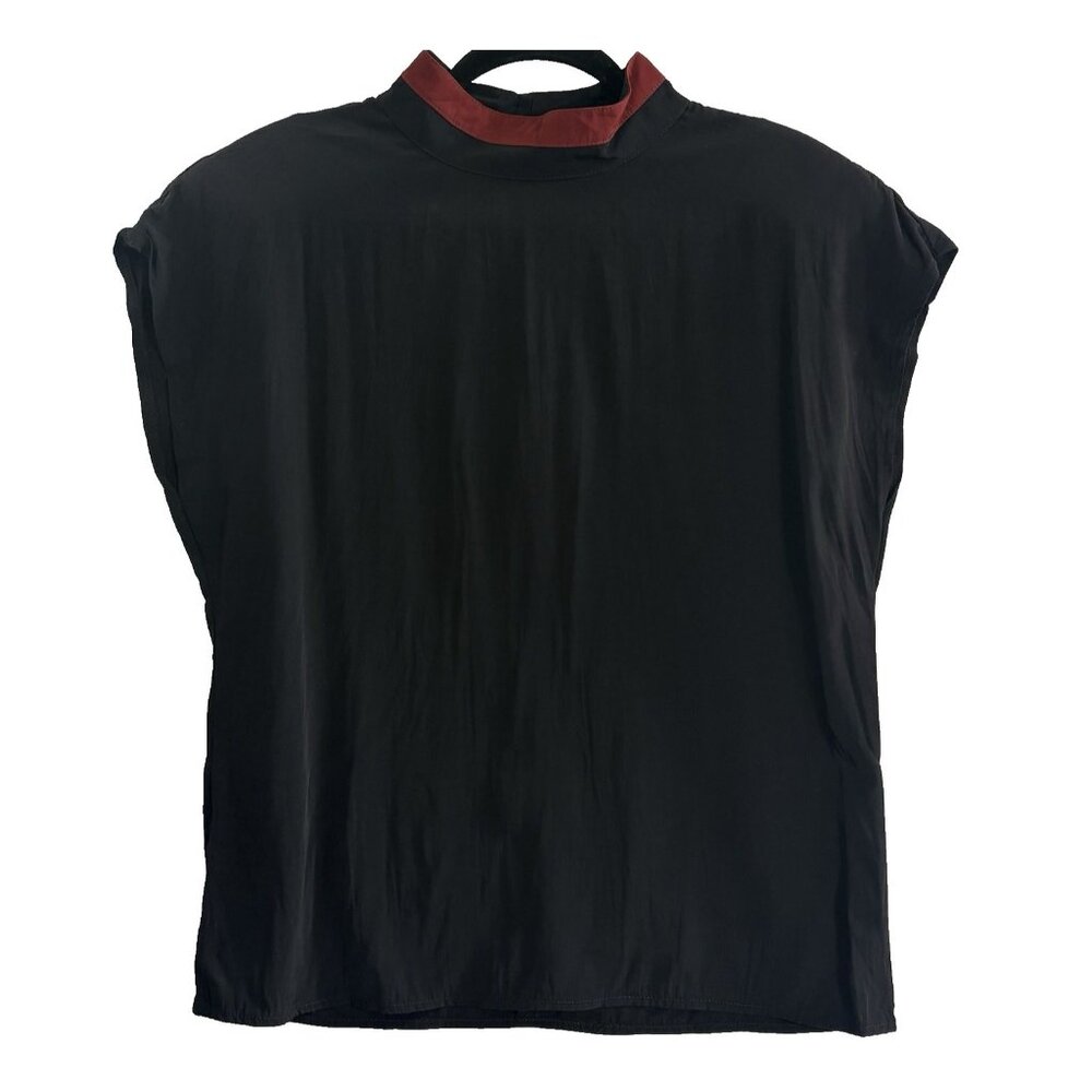 Vtg‎ MARSHA BRANDER Women Short Sleeve Mandarin Collar Blouse Sz 12 Black HB-4